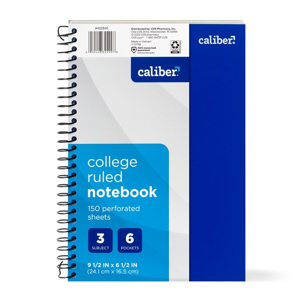 Caliber Premium 3 Subject Notebook, College Ruled, 150 Sheets, Assorted