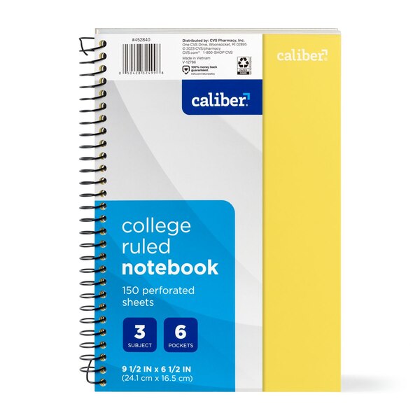 Caliber Premium 3 Subject Notebook, College Ruled, 150 Sheets, Assorted
