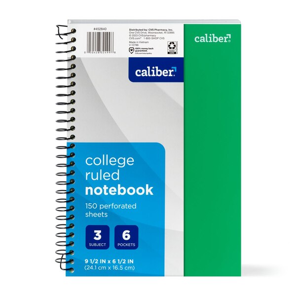 Caliber Premium 3 Subject Notebook, College Ruled, 150 Sheets, Assorted