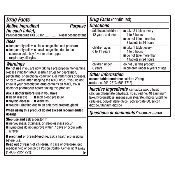 CVS Health Nasal Decongestant Pseudoephedrine HCl 30 mg Tablets, Non-Drowsy