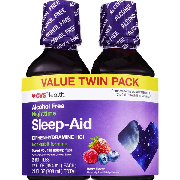 CVS Health Nighttime Sleep Aid Diphenhydramine HCI Liquid, Berry, 12 FL OZ, 2 PACK