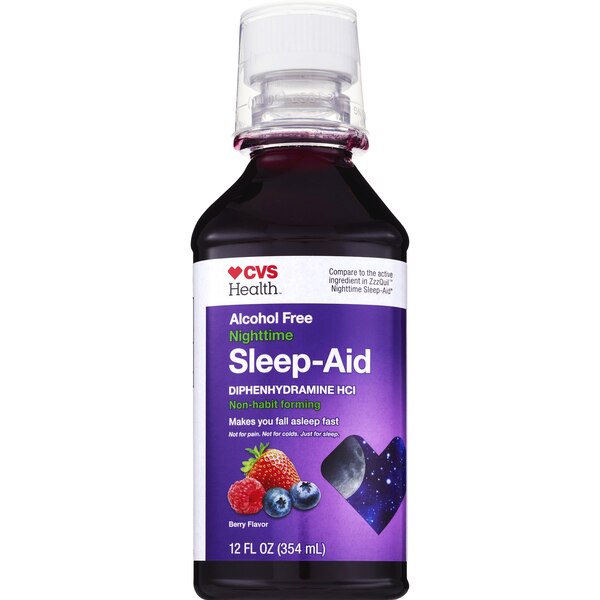 CVS Health Nighttime Sleep Aid Diphenhydramine HCI Liquid, Berry, 12 FL OZ, 2 PACK