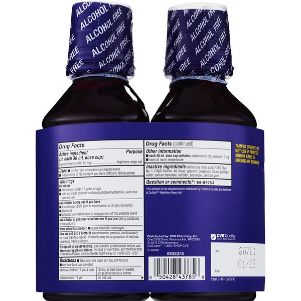CVS Health Nighttime Sleep Aid Diphenhydramine HCI Liquid, Berry, 12 FL OZ, 2 PACK