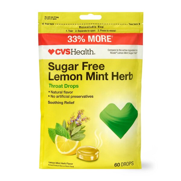 CVS Health Sugar Free Lemon Mint Herb Cough Drops, 60 CT