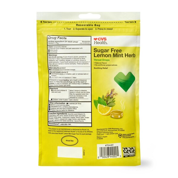 CVS Health Sugar Free Lemon Mint Herb Cough Drops, 60 CT