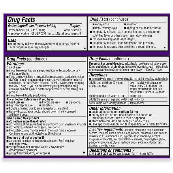 CVS Health Allergy Relief D Extended-Release Tablets, Fexofenadine HCl 180 mg & Pseudoephedrine HCl 240 mg Extended-Release Tablets, USP, 15 CT