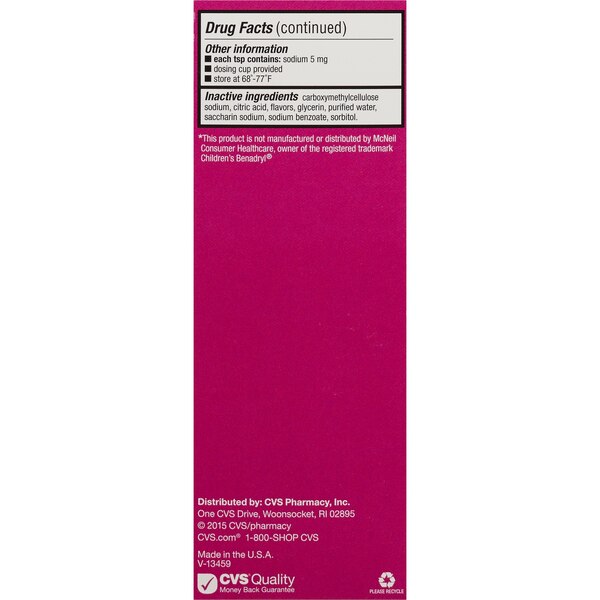CVS Health Children's Allergy Relief Liquid Dye Free Diphenhydramine HCl Oral Antihistamine, Cherry, 8 OZ