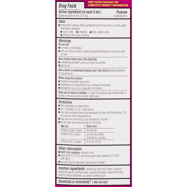 CVS Health Children's Allergy Relief Liquid Dye Free Diphenhydramine HCl Oral Antihistamine, Cherry, 8 OZ