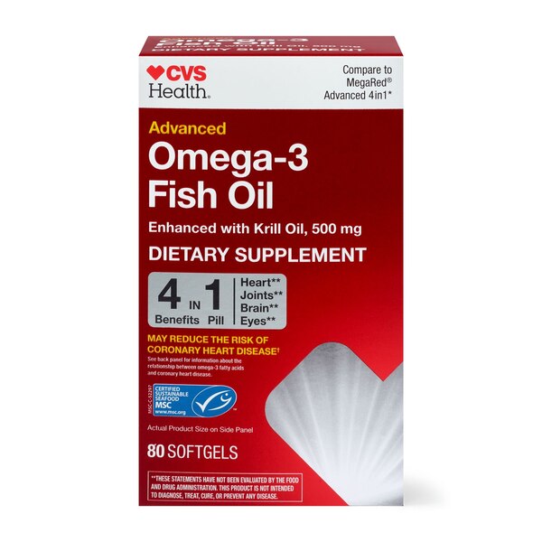CVS Health Omega-3 Fish Oil Enhanced with Krill Oil Softgels, 80 CT