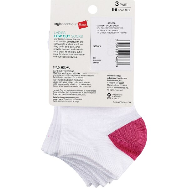 Style Essentials by Hanes Ladies' Low Cut Socks 3 Pairs, Size 5-9