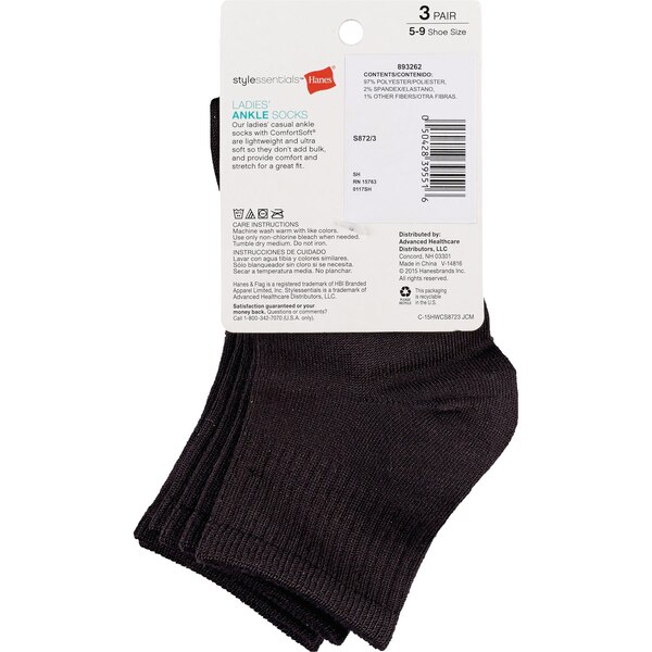 Style Essentials by Hanes Ladies' Ankle Socks 3 Pairs, Size 5-9