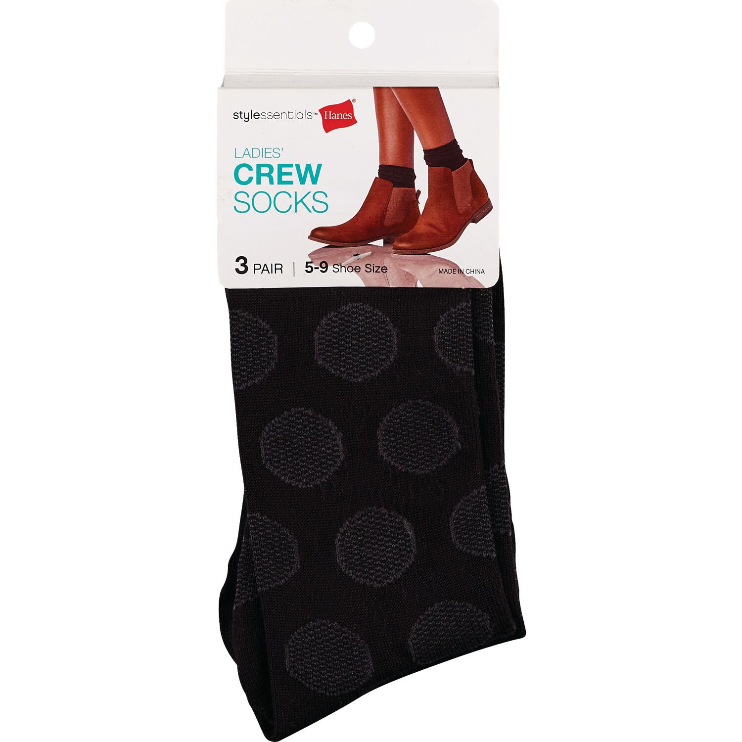 Style Essentials by Hanes Ladies' Crew Socks 3 Pairs, Size 5-9, Assorted Black Pack