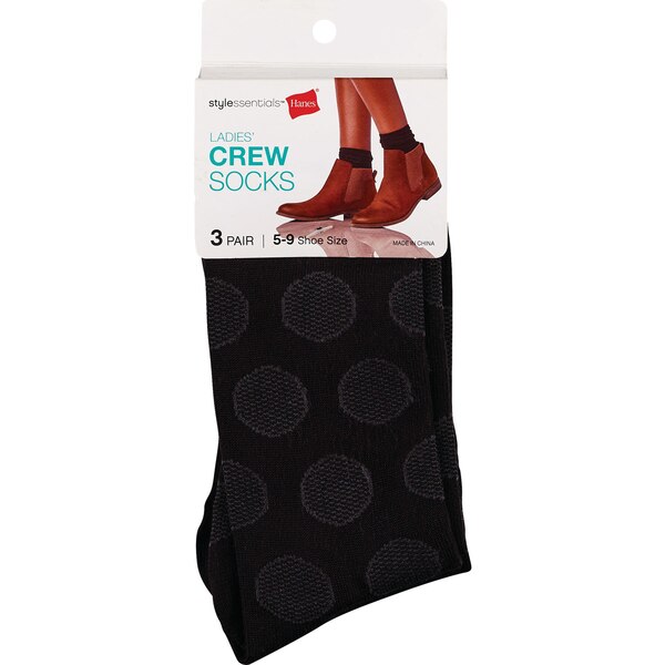 Style Essentials by Hanes Ladies' Crew Socks 3 Pairs, Size 5-9, Assorted Black Pack