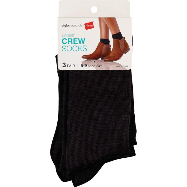 Style Essentials by Hanes Ladies' Crew Socks 3 Pairs, Size 5-9, Assorted Black Pack