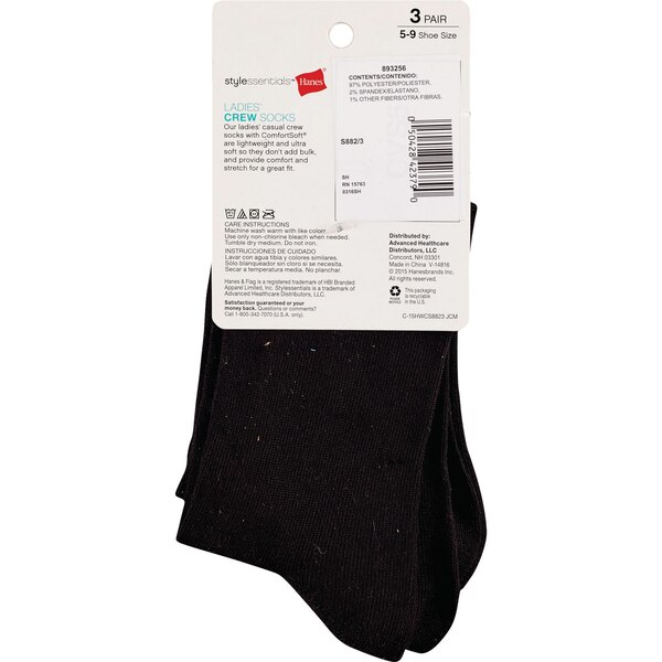Style Essentials by Hanes Ladies' Crew Socks 3 Pairs, Size 5-9, Assorted Black Pack