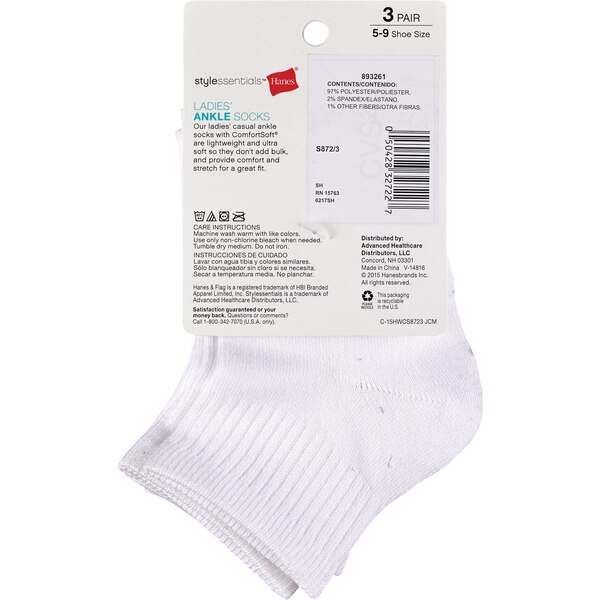 Style Essentials by Hanes Ladies' Ankle Socks 3 Pairs, Size 5-9