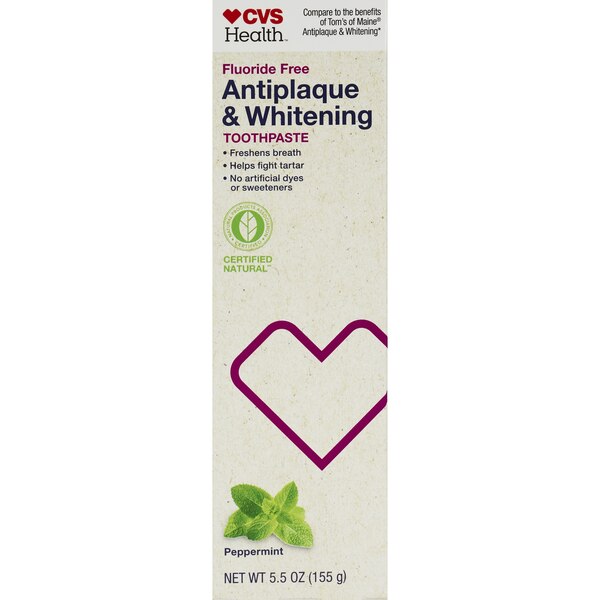 CVS Health Antiplaque & Whitening Fluoride Free Toothpaste, Peppermint, 5.5 OZ