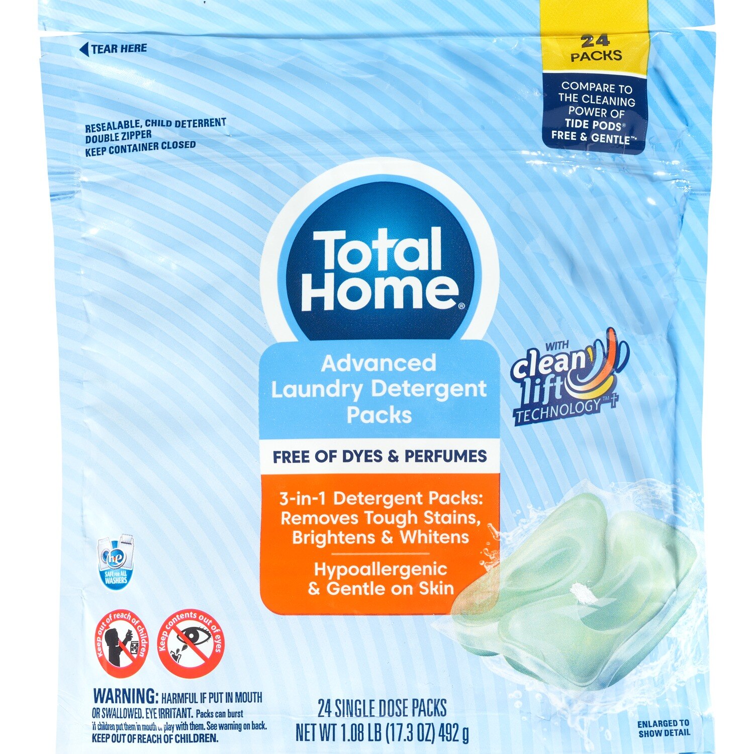 Total Home Advanced Laundry Detergent Packs, Free of Dyes and Perfumes, 24 CT