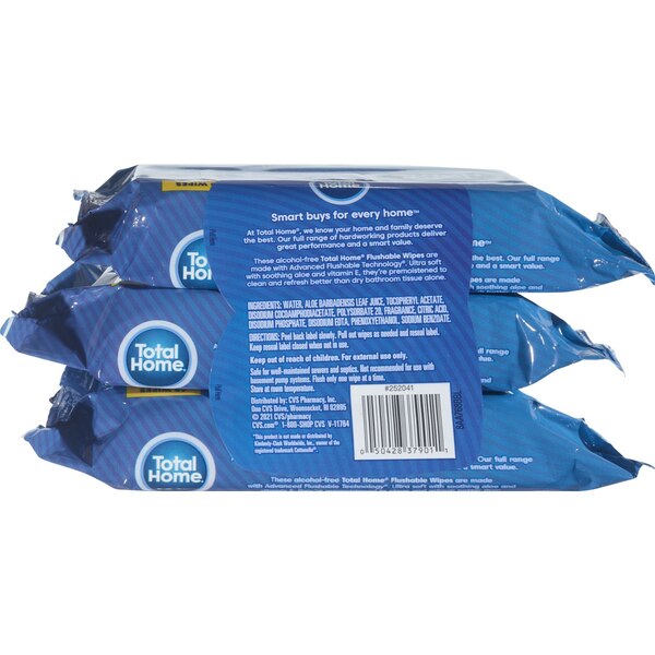 Total Home 3-Pack Flushable Moist Wipes Refill, 60 wipes per pack (180 total)