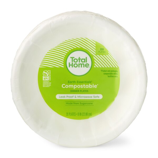 Total Home Earth Essentials Compostable Dinner Plate, 9 in, 20 ct