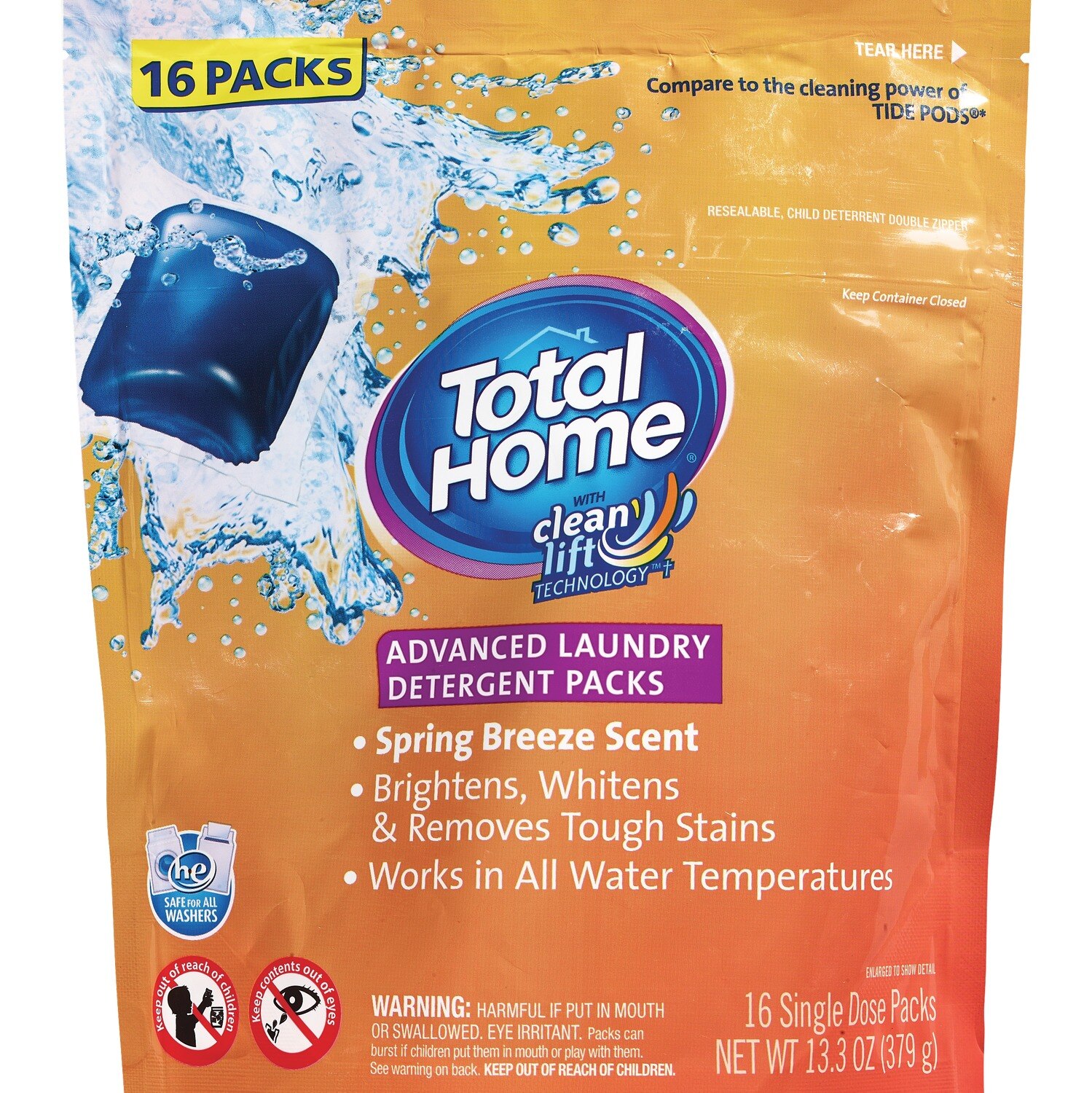 Total Home Advanced Laundry Detergent Packs, Spring Breeze Scent, 16 CT
