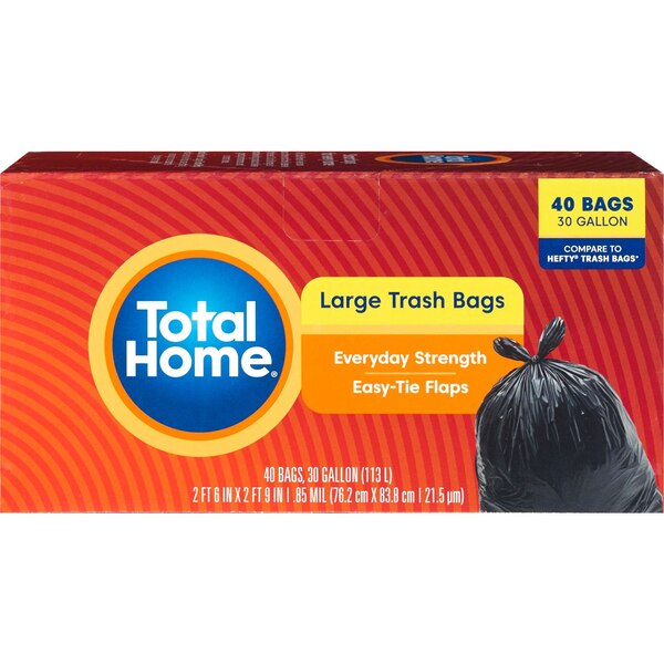 Total Home Large Trash Bags Black, 30 Gallon, 30 ct