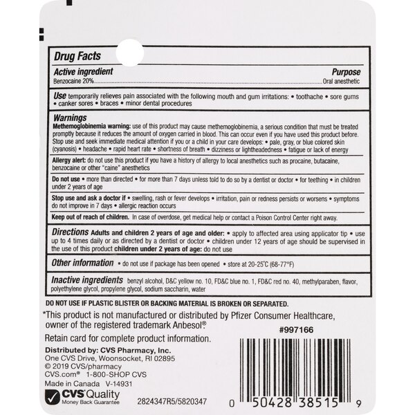 CVS Health Oral Anesthetic, Benzocaine 20% Maximum Strength Pain Relieving Liquid