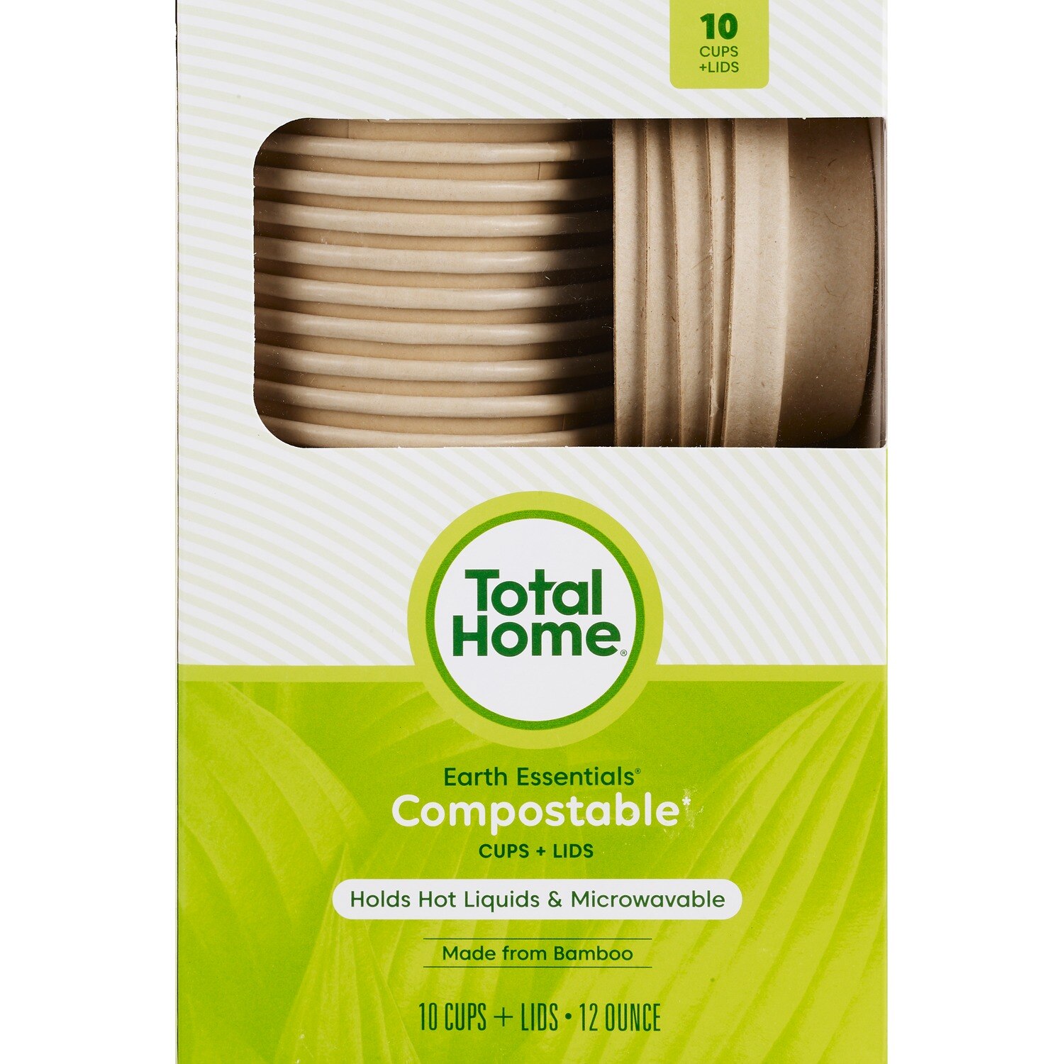 Total Home Earth Essentials Compostable Bamboo Hot Beverage Cups and Lids, 12oz, 10 CT