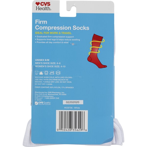 CVS Health Firm Compression Socks Over-The-Calf Length Unisex, 1 Pair, S/M, White