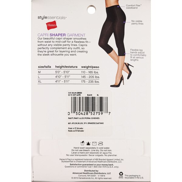 Style Essentials by Hanes No Hose Capri Shaper, Black