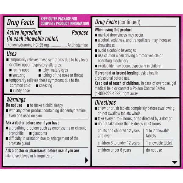 CVS Health Allergy Relief Diphenhydramine Hydrochloride 25mg Chewable Tablets, Grape, 18 CT