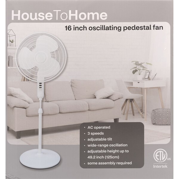 House To Home 16-inch Oscillating Pedestal Fan, White