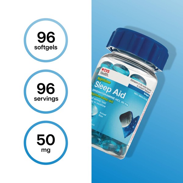 CVS Health Nighttime Sleep Aid Diphenhydramine HCI 50 MG Softgels, 96 CT