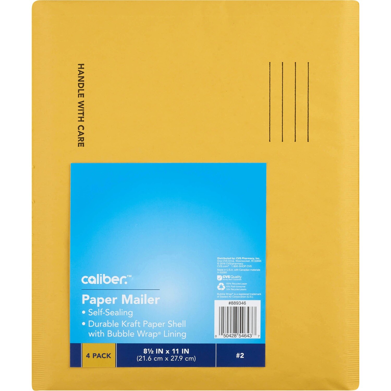 Caliber #2 Kraft Bubble Mailer, Manila, 8.5 in. x 11 in., 4 CT
