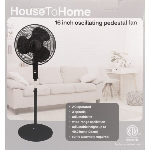 House To Home Oscillating Pedestal Fan, Black, 16 in