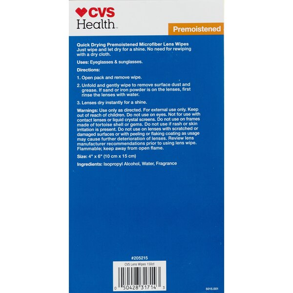 CVS Health Microfiber Pre-moistened Lens Wipes, 150 CT