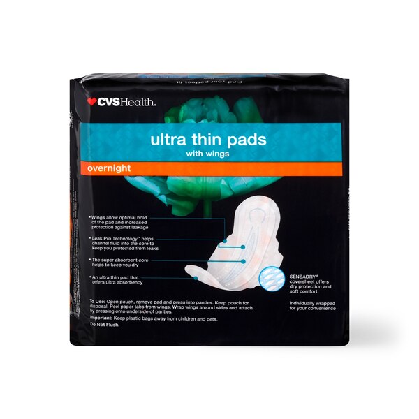 CVS Health Ultra Thin Pads with Wings, Overnight, 52 CT