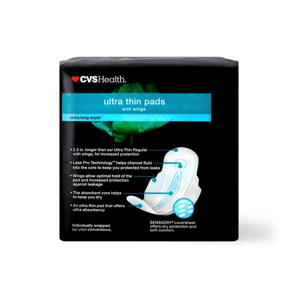 CVS Health Ultra Thin Pads with Wings, Extra Long Super, 14 CT