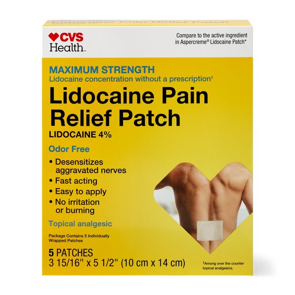 CVS Health - Parche analgésico con lidocaína, potencia máxima, mediano, 5 u.