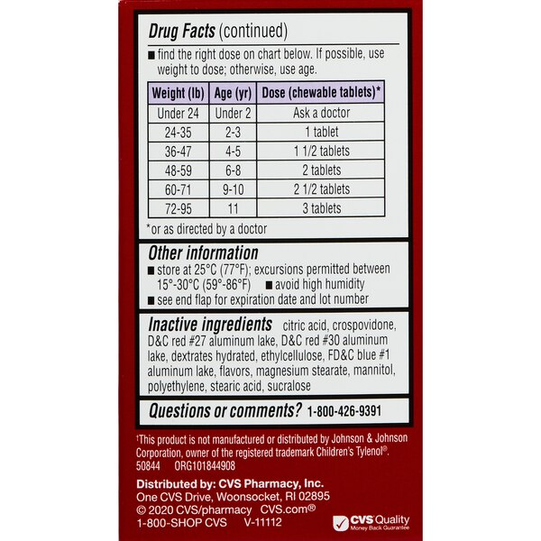 CVS Health Children's Acetaminophen Pain Reliever & Fever Reducer Chewable Tablets, Grape, 24 CT