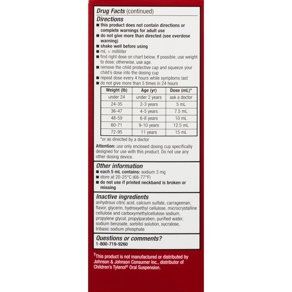 CVS Health Children's Acetaminophen Dye Free Pain Reliever & Fever Reducer Oral Suspension, Cherry, 4 FL OZ