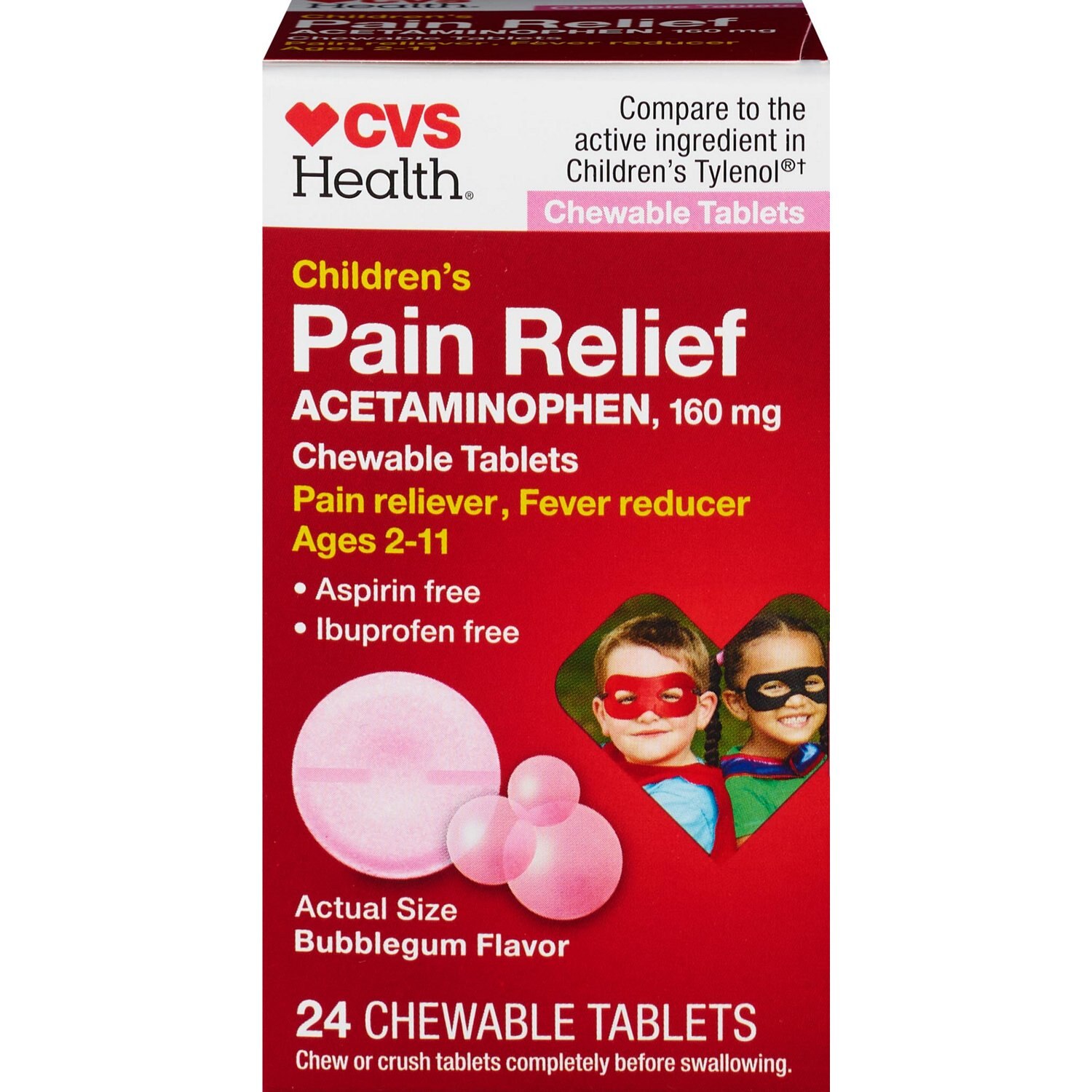 CVS Children's Acetaminophen Pain Reliever & Fever Reducer Chewable Tablets, Bubble Gum, 24 CT