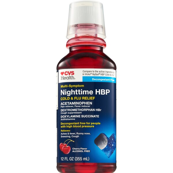 CVS Health Multi-Symptom Nighttime HBP Cold & Flu Relief, Cherry, 12 OZ