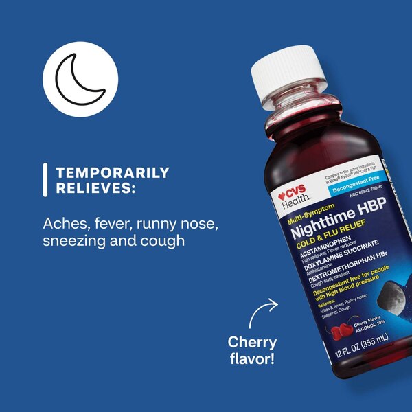 CVS Health Multi-Symptom Nighttime HBP Cold & Flu Relief, Cherry, 12 OZ