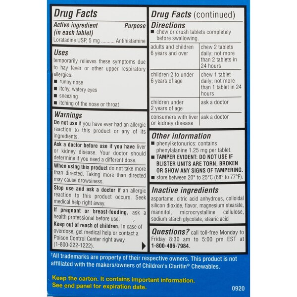 CVS Health Children's Allergy Relief Non-Drowsy Loratadine 5mg Chewable Tablets USP