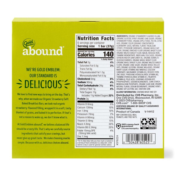 Gold Emblem Abound Organic Strawberry Soft Baked Breakfast Bars, 6 ct