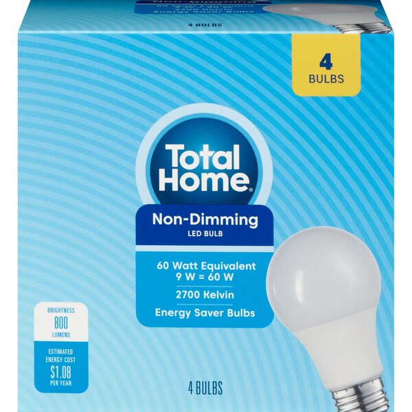 Total Home Non-Dimming LED Soft White Bulbs, 60 w, 4 ct