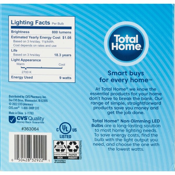 Total Home Non-Dimming LED Soft White Bulbs, 60 w, 4 ct