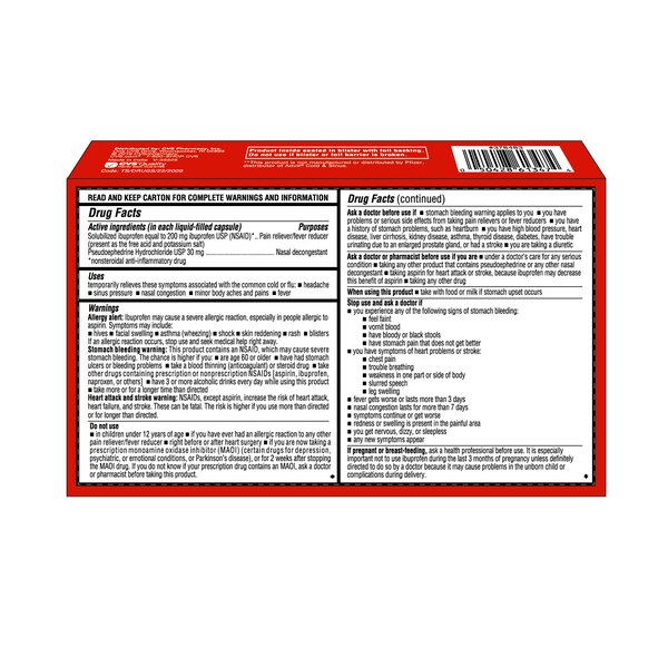 CVS Health Cold & Sinus Relief, Ibuprofen and Pseudoephedrine HCl Capsules 200 mg/30 mg, Non-Drowsy, 20 CT