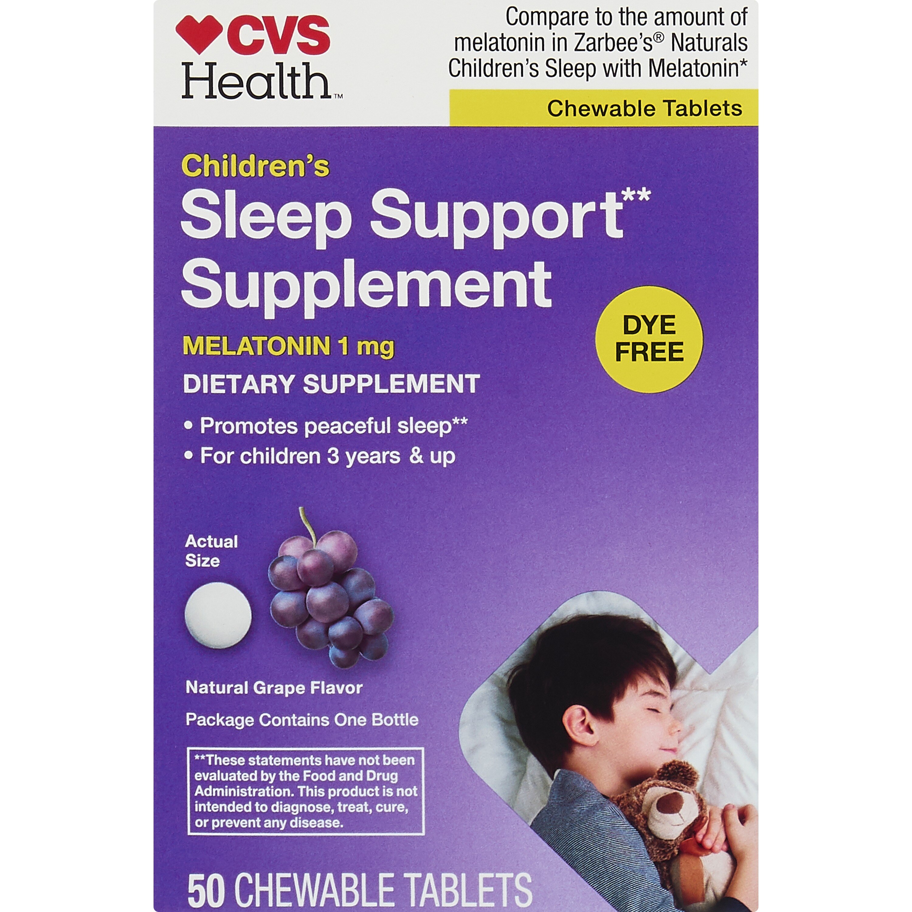 CVS - Melatonina de ayuda para dormir en tabletas masticables, para niños, Grape, 1 mg, 50 u.